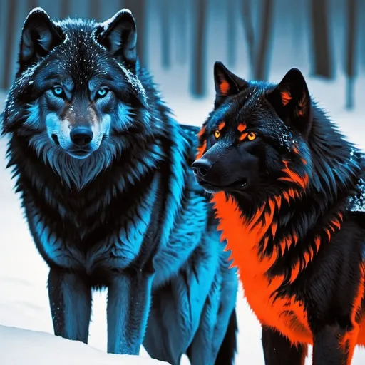 Prompt: black and blue ice wolf beside a black red and orange wolf the ice wolf has a caller that says Mia and the ice wolfs saying Leo two different wolfs