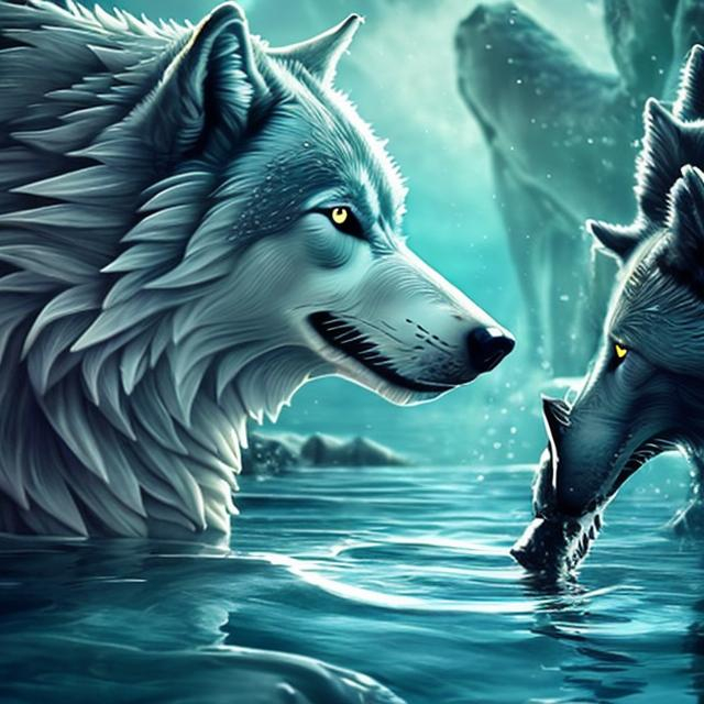 Prompt: a wolf drinking out of a beautiful sea lots of detail