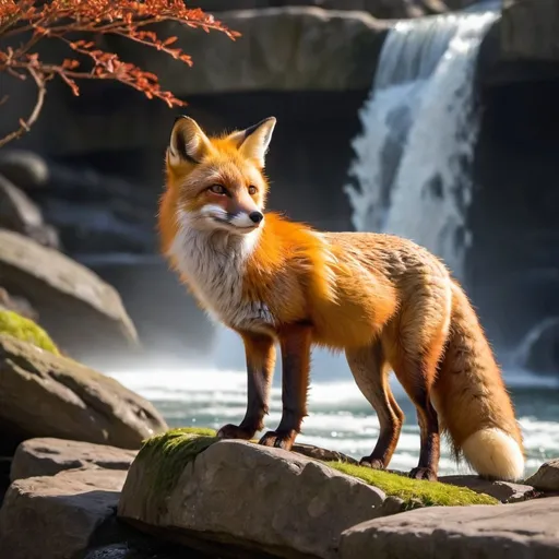 Prompt: red fox with accents of orang looking at a waterfall good lighting detailed anima