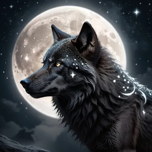 Prompt: Black wolf hallowing at the moon. with glowing white stars, mystical fantasy theme, highres, detailed fur, atmospheric lighting, fantasy, mystical, detailed eyes, sleek design, professional, glowing stars, cool tones, detailed fur, atmospheric lighting