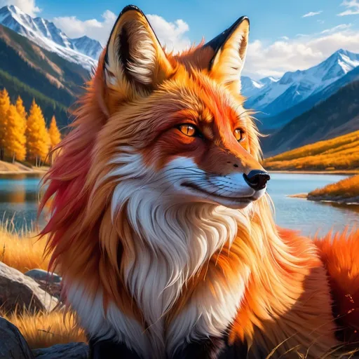 Prompt: champion prodigy fox with (bright crimson fur) and {amber eyes}, feral, gorgeous anime portrait, 2d cartoon, fire element, flame, beautiful 8k eyes, fine oil painting, intense, wearing shiny bracelet, low angle view, (unsheathed claws), visible claws, 64k, fine colored pencil, head turned toward viewer, hyper detailed, expressive, graceful, plump, glistening silky mane, fiery colors, windstorm, colorful stones, vast open sky, glistening black fur highlights, sitting on hilltop, golden ratio, intricate detailed fur, precise, perfect proportions, vibrant, at a sun-bathed lake, hyper detailed, complementary colors, UHD, HDR, top quality artwork, beautiful detailed background, unreal 5, artstaion, deviantart, instagram, professional, masterpiece
