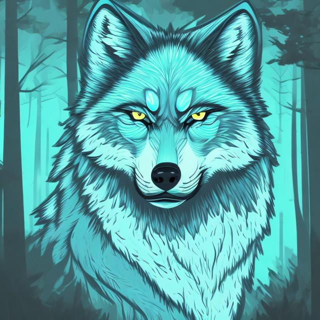 Prompt: light blue wolf with accents of black detailed in a bright green forest good lighting