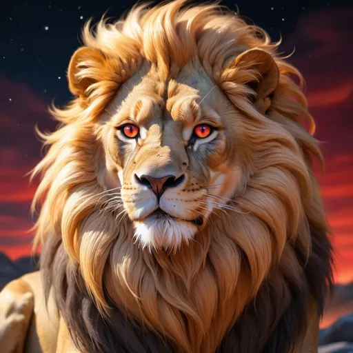 Prompt: warrior (lion) with {bright scarlet fur} and {ruby red eyes}, feral lion, kitsune, nine-tailed lion, gorgeous anime portrait, beautiful cartoon, beautiful 8k eyes, elegant {red fur}, four-legged, quadruped, pronounced scar on chest, oil painting, modest, gazing at viewer, fiery red eyes, glistening golden hair, furry golden paws, low angle view, 64k, hyper detailed, expressive, graceful, beautiful, small lithe cat, expansive silky golden mane, shining fur, deep starry sky, UHD background, golden ratio, precise, perfect proportions, vibrant colors, standing majestically on a tall crystal stone, hyper detailed, complementary colors, UHD, HDR, top quality art, beautiful detailed background, unreal 5, artstaion, deviantart, instagram, professional, masterpiece


(LION)

