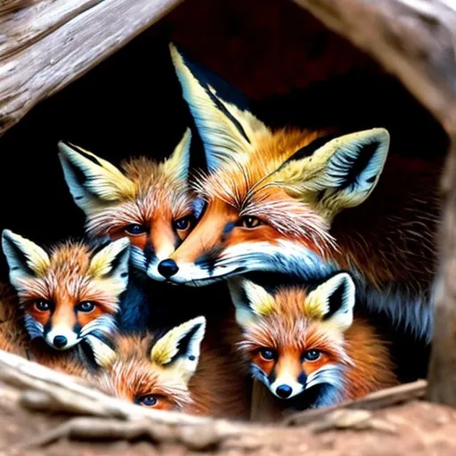 Prompt: a fox and its cubs in its den lots of detail