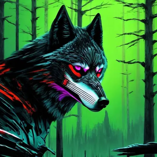 Prompt: sci fi light red wolf with accents of black detailed in a bright green forest good lighting