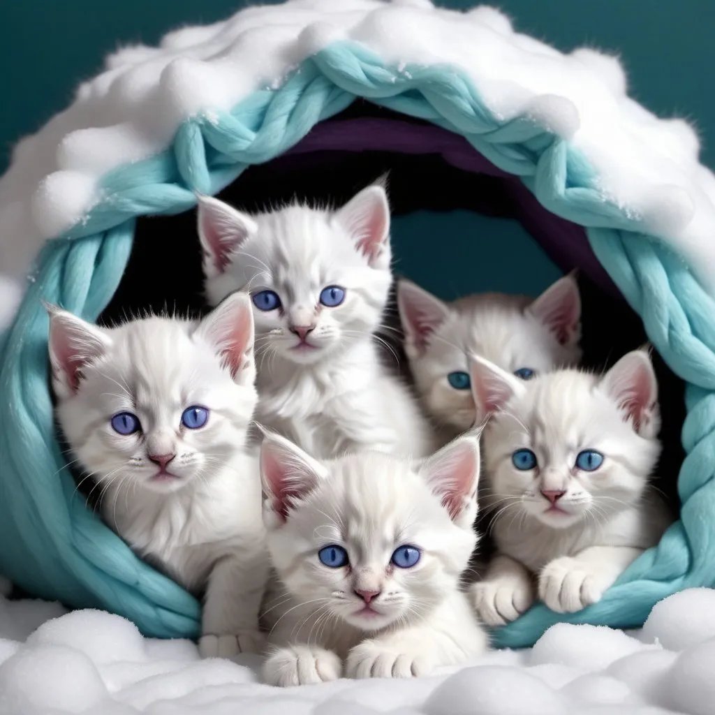 Prompt: white blue and purple kitten pack with some kittens sleeping in a cat den' on snow fluffy detailed hyper realistic the kittens have light blue and green eyes bright glow in the lighting