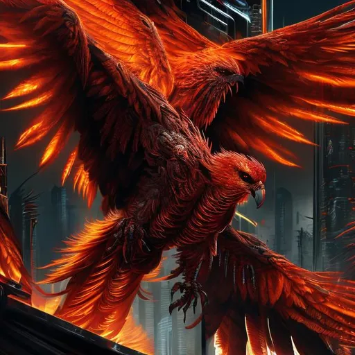 Prompt: High-res, ultra-detailed, sci-fi red Phoenix, humanoid, sleek and streamlined design, intricate black accents, majestic wingspan, intense fiery gaze, futuristic setting, vibrant red tones, atmospheric lighting, detailed feathers, professional, digital art, cyberpunk, futuristic, intense, fiery eyes, futuristic cityscape, detailed plumage, dramatic lighting