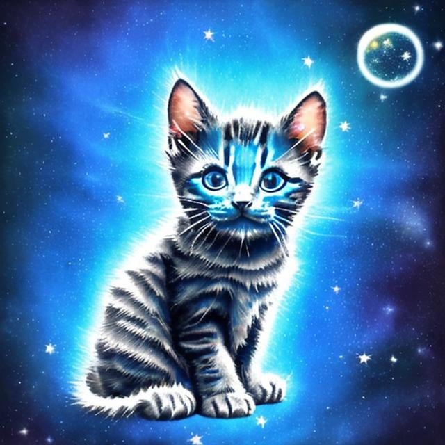 Prompt: a light up blue kitten in space