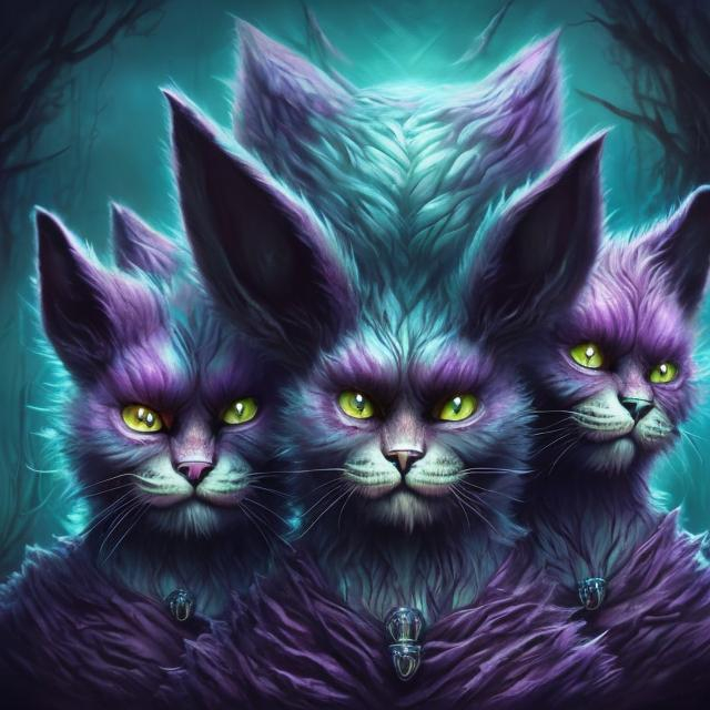 Prompt: 3-headed purple man-cat with light blue accents, detailed fur with reflections, surreal fantasy style, intense and eerie gaze, magical forest setting, high quality, fantasy, surreal, detailed fur, multiple heads, purple and light blue, atmospheric lighting