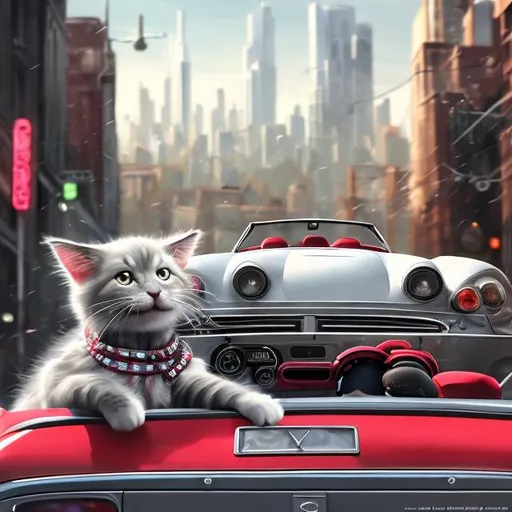 Prompt: Grey and white cat driving a red convertible car with a white goldendoodle in the passenger seat, urban skyline in the background, detailed fur with realistic reflections, bright and vibrant colors, high quality, digital painting, urban, realistic fur, detailed car design, professional, atmospheric lighting