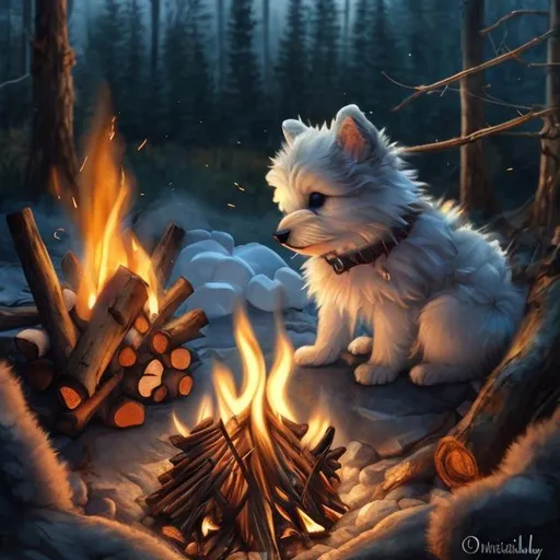 Prompt: Adorable puppy roasting marshmallows at a campfire, cozy and warm lighting, realistic digital painting, fluffy fur with cute reflections, detailed eyes, outdoor setting, campfire glow, high quality, realistic, cozy atmosphere, warm lighting, detailed fur, cute scene, evening setting, adorable, professional, atmospheric lighting