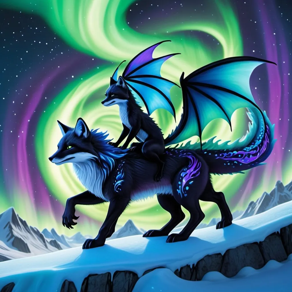 Prompt: black and blue fox riding a green and purple fire dragon with some fire and northern lights detailed hyper realistic the black and blue fox and the dragon are in the sky the ice dragon has wings and a dragon tail make sure it has two dragon wings and one tail the black and blue fox is riding the dragon there should be no red orange or yellow. northern lights in the sky
