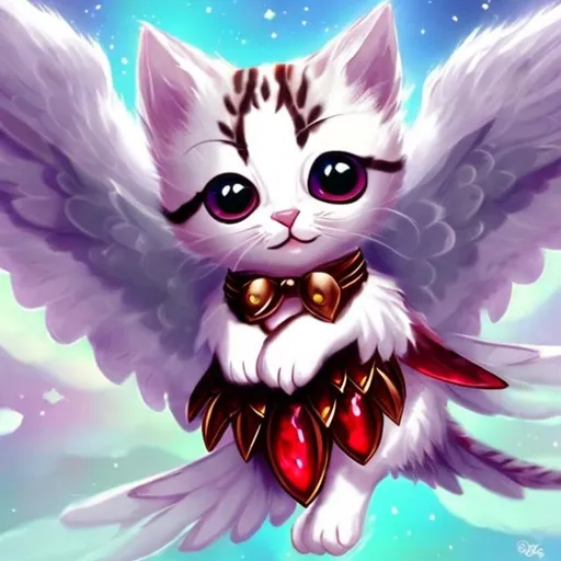 Prompt: a whit kitten with ruby gems on it and wings