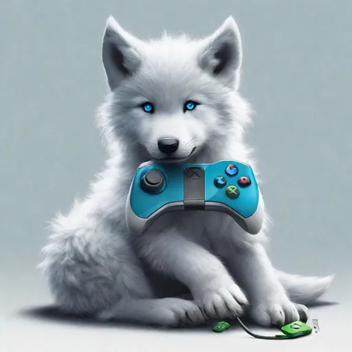 Prompt: fluffy blue wolf cub with Xbox controller white) background hyper realistic make sure there is a white background and the wolf cub is fluffy with a Xbox controller