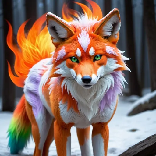 Prompt: fire elemental red wolf, feral fox, kitsune, nine-tailed fox, fire lilac fur, bright rainbow green aurora eyes, periwinkle orange ears, frost, falling fire, shattered fire, soft moonlight,stunning youthful vixen, gazing at viewer, gorgeous, muscular forelegs, athletic, agile, small but absurdly powerful, enchanting, timid
