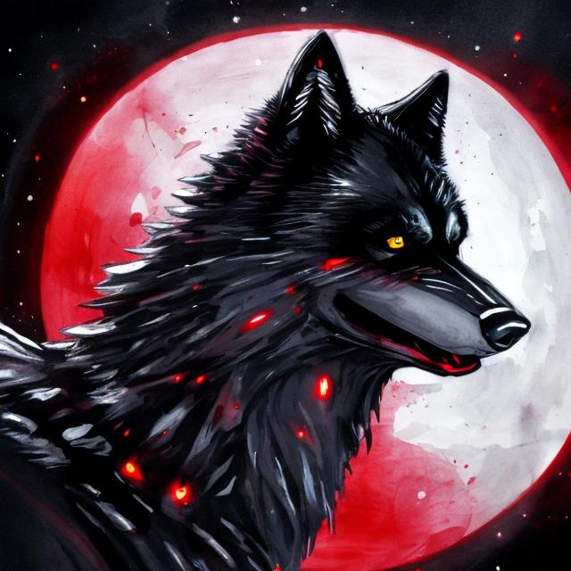 Prompt: sci fi black wolf with accents of red detailed