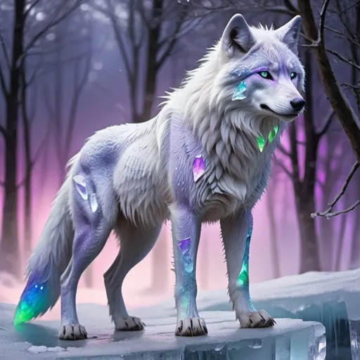 Prompt: ice elemental wolf, feral wolf, kitsune, nine-tailed wolf, ice lilac fur, bright rainbow purple aurora eyes, periwinkle green ears, frost, falling ice, shattered ice, soft moonlight,stunning youthful vixen, gazing at viewer, gorgeous, muscular forelegs, athletic, agile, small but absurdly powerful, enchanting, timid
