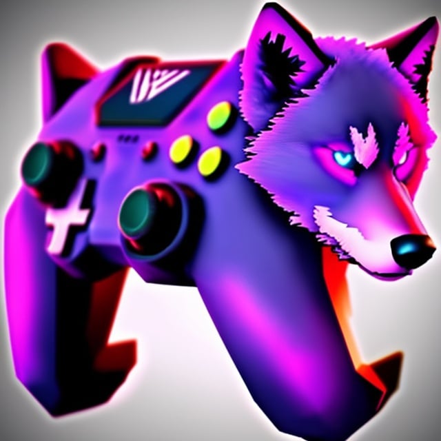 Prompt: violet colored wolf with a gaming controller in its paws the lighting is a little dark the wolf is gameing