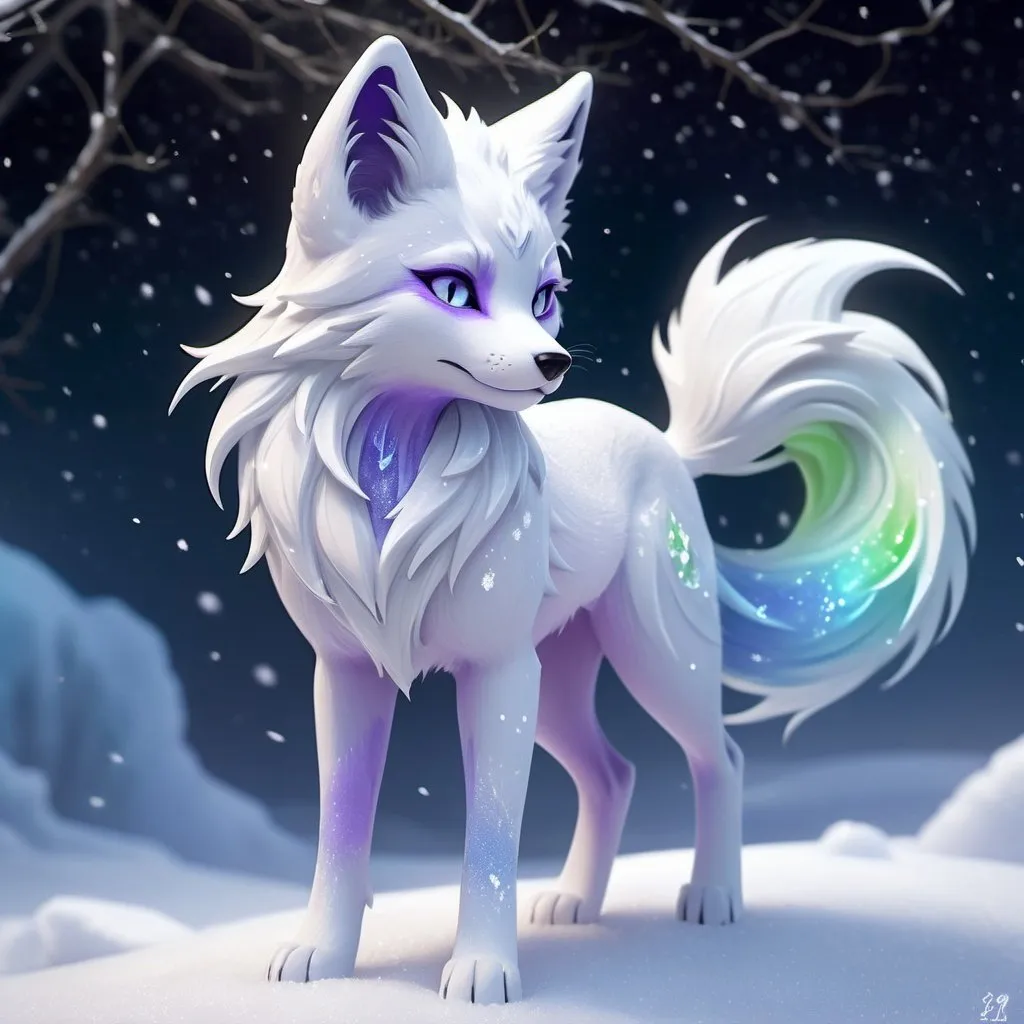 Prompt: ice elemental fox, feral vixen, kitsune, nine-tailed fox, snowy lilac fur, bright rainbow green aurora eyes, periwinkle purple ears, frost, falling snow, shattered ice, soft moonlight,stunning youthful vixen, gazing at viewer, gorgeous, muscular forelegs, flowing aurora hair, athletic, agile, small but absurdly powerful, enchanting, timid no orang
