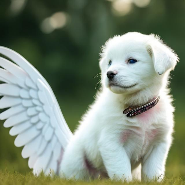 Prompt: cute white puppy with white wings in a beautiful world