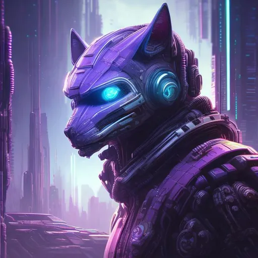 Prompt: Sci-fi man-cat in futuristic setting, detailed futuristic design, high-tech, glowing accents, purple and light blue color scheme, professional 3D rendering, cool tones, intense gaze, cyberpunk environment, advanced technology, best quality, highres, ultra-detailed, sci-fi, futuristic, detailed design, professional, cool tones, cyberpunk, atmospheric lighting