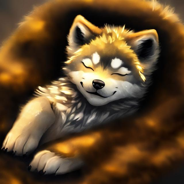 Prompt: Bright gold wolf cub sleeping, detailed black accents, high quality, detailed fur, realistic, warm lighting, animal art, golden tones, peaceful atmosphere, small size, cozy setting