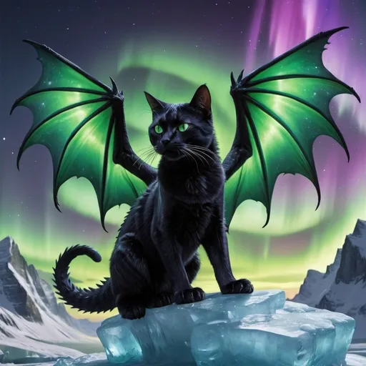 Prompt: black and green cat riding a green and purple ice dragon with some ice and northern lights detailed hyper realistic the black and green cat and the dragon are in the sky the ice dragon has wings and a dragon tail make sure it has two dragon wings and one tail the black and green cat is riding the dragon there should be no red orange or yellow. northern lights in the sky
