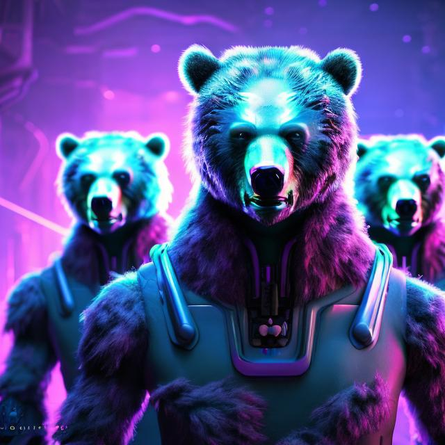 Prompt: Sci-fi 3-headed man-bear with purple and light blue accents, ultra-detailed fur, futuristic setting, otherworldly glow, high-quality 3D rendering, sci-fi, futuristic, detailed fur, triple heads, purple and lime accents, otherworldly glow, highres, 3D rendering