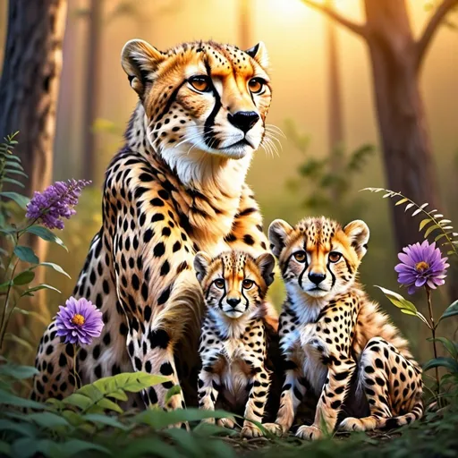Prompt: Detailed illustration of a majestic cheetah and two cubs in a lush forest clearing at sunset, warm and vibrant color tones, high quality, realistic, detailed fur, serene atmosphere, focused mother cheetah, peaceful sunset, sleepy cub, sitting cub, forest setting, natural lighting lots of flowers around the cheetah all of the cheetahs have accents of purple and blue and gold eyes the cheetah
