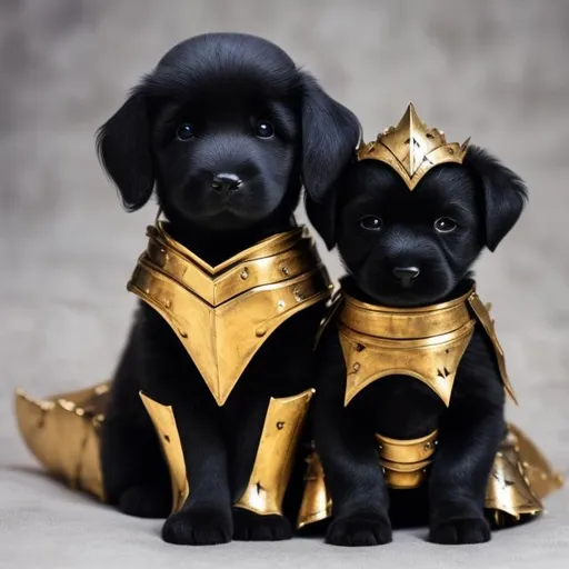 Prompt: a black puppy and a blue kitten in gold armor snuggling