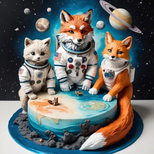 Prompt: a fox astronaut in the ocean, a wolf astronaut on cake, and a cat astronaut in space, detailed hyper realistic