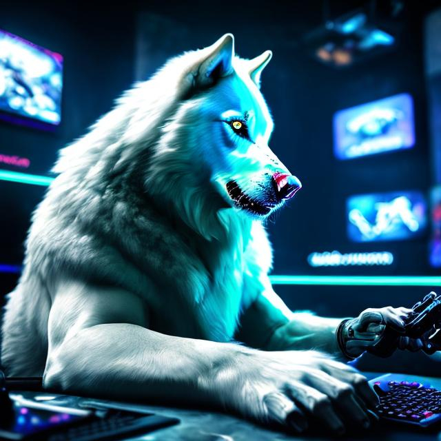 Prompt: Detailed, high-resolution digital rendering of a majestic white wolf playing video games, intense and focused, realistic fur with subtle reflections, futuristic cyberpunk gaming setup, dynamic lighting and cool tones, 4k, ultra-detailed, digital art, cyberpunk, realistic fur, intense gaze, futuristic gaming setup, dynamic lighting, professional