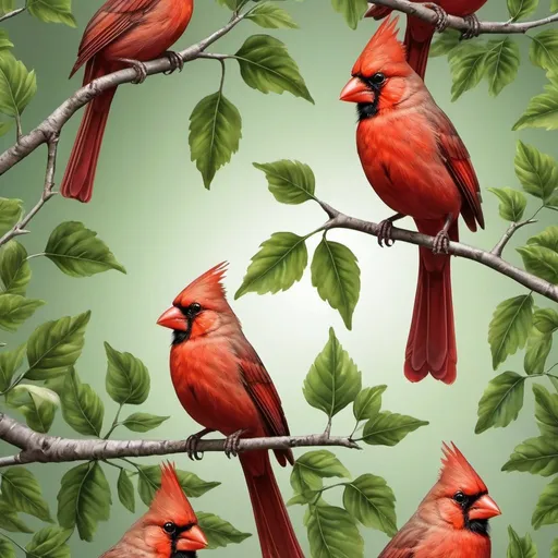 Prompt: red three cardinal birds in a tree one flying and the others siting on the branch close to the cardinal that is flying good bright lighting detailed hyper realistic (beautiful) nice light bright green leaves on the trees