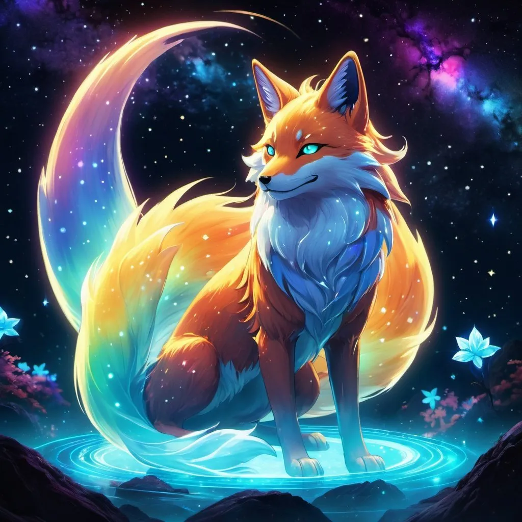 Prompt: A colorful translucent kyūbi no kitsune that is glowing, nebula, glitter, in the den, beneath the stars, bioluminescent, highres, best quality, concept art 

