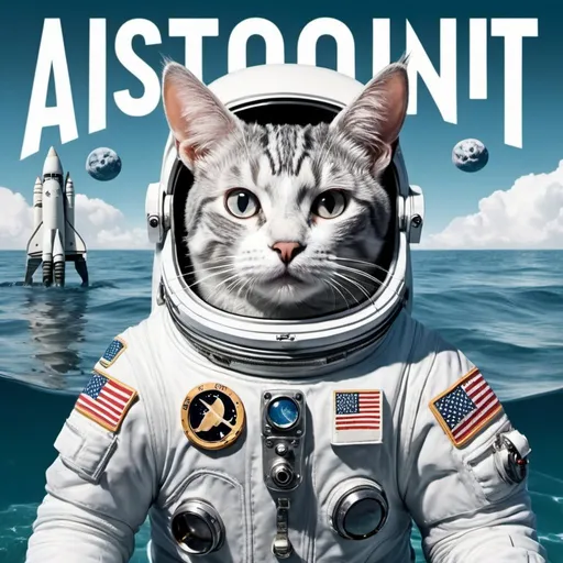 Prompt: white and gray cat in astronaut suit in the ocean with big bold letters at the top saying astronaut in the ocean detailed