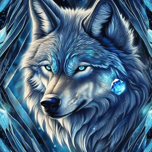 Prompt: dark blue and light blue wolf with diamond gems around it blue gems around) northern lights in the sky detailed hyper realistic the bark blue and light blue wolf is fluffy and fierce(lots of blue like diamond gems in the sky around the wolf but you can still see the wolf don't cover the wolf with gems northern lights in the sky  make sure you can also see the northern light