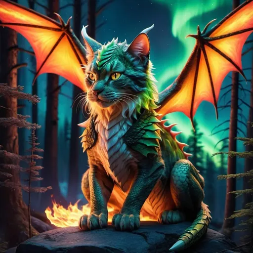 Prompt: wild cat dragon warrior fire element siting in hyper realistic fantasy forest future seen with northern lights above the wild cat warrior the wild fire element cat dragon has two dragon wings cute detailed