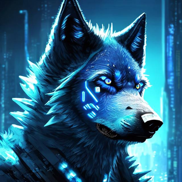 Prompt: High-quality digital artwork of a futuristic dark blue wolf with blue highlights, detailed fur with metallic reflections, intense and focused gaze, sci-fi, cyberpunk, cool tones, futuristic, detailed eyes, sleek design, professional, atmospheric lighting