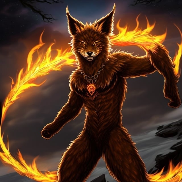 Prompt: fire elemental male wolf, feral vixen, kitsune, nine-tailed wolf, flame lilac fur, bright rainbow orang red mixed aurora eyes, periwinkle black ears, flame, falling coals, shattered fire, soft moonlight,stunning youthful vixen, gazing at viewer, gorgeous, muscular forelegs, flowing aurora hair, athletic, agile, small but absurdly powerful, enchanting, timid hyper realistic
