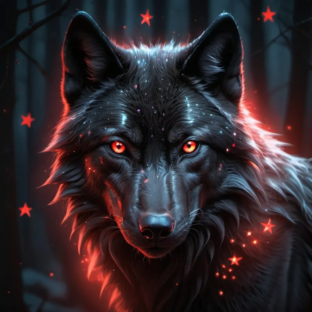 Prompt: Black wolf with glowing red stars, mystical fantasy theme, highres, detailed fur, atmospheric lighting, fantasy, mystical, detailed eyes, sleek design, professional, glowing red stars, cool tones, detailed fur, atmospheric lighting