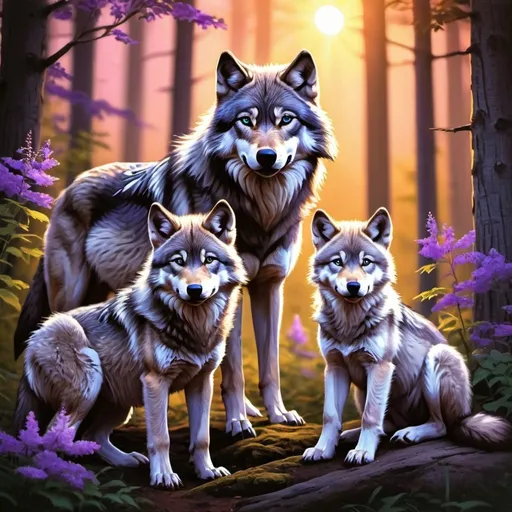 Prompt: Detailed illustration of a majestic wolves with accents of purple and blue wolves and two cubs in a lush forest clearing at sunset, warm and vibrant color tones, high quality, realistic, detailed fur, serene atmosphere, focused mother wolves, peaceful sunset, sleepy cub, sitting cub, forest setting, natural lighting lots of flowers around the wolves all of the wolves have accents of purple and blue and gold eyes the wolves (bright lighting) no trees blocking the sunset