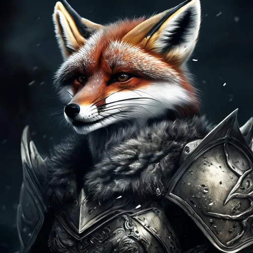 Prompt: Warrior fox in intricate gray armor, detailed fur and fierce expression, highres, ultra-detailed, fantasy, detailed armor, intense gaze, professional, dramatic lighting, realistic rendering, metallic tones, fantasy setting, battle-ready