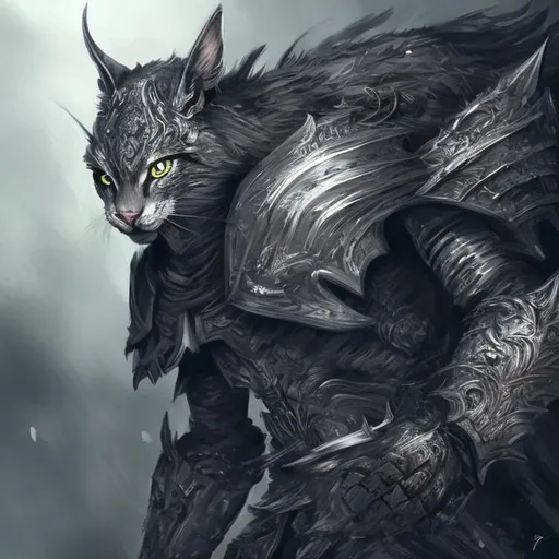 Prompt: Warrior cat in detailed gray armor, fierce battle stance, intense eyes, high-quality digital art, realistic fantasy style, cool tones, dramatic lighting, intricate armor details, professional illustration