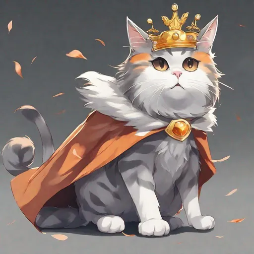 Prompt: a gray cat with whit strips and a crown and a orang cape flying anime