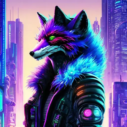 Prompt: High-res, detailed sci-fi illustration of a sleek purple fox, vibrant lime accents, futuristic cyberpunk setting, advanced holographic interface, intricate fur with neon highlights, intense and intelligent gaze, high-tech collar, city lights casting a surreal glow, high-tech, futuristic, cyberpunk, detailed fur, vivid colors, intense gaze, professional, atmospheric lighting