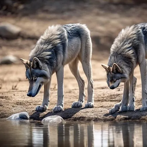 Prompt: two wolf baby's siting and drinking water from a clear a river