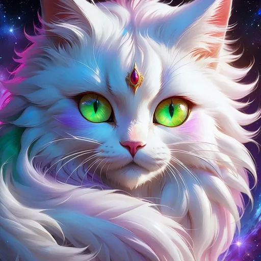 Prompt: clawmaster cat with {white fur} and {amethyst green eyes}, elder female cat, cosmic auroras, Erin Hunter, gorgeous anime portrait, beautiful cartoon, 2d cartoon, beautiful 8k eyes, elegant {white fur}, glossy sheen fur, pronounced scar on chest, fine oil painting, modest, gazing at viewer, beaming red eyes, glistening red fur, low angle view, zoomed out view of character, 64k, hyper detailed, expressive, timid, graceful, beautiful, expansive silky mane, deep starry sky, golden ratio, precise, perfect proportions, vibrant, standing majestically on a tall crystal stone, hyper detailed, complementary colors, UHD, HDR, top quality artwork, beautiful detailed background, unreal 5, artstaion, deviantart, instagram, professional, masterpiece purple tail