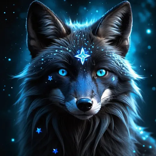 Prompt: Black fox with glowing blue stars, mystical fantasy theme, highres, detailed fur, atmospheric lighting, fantasy, mystical, detailed eyes, sleek design, professional, glowing blue stars, cool tones, detailed fur, atmospheric lighting