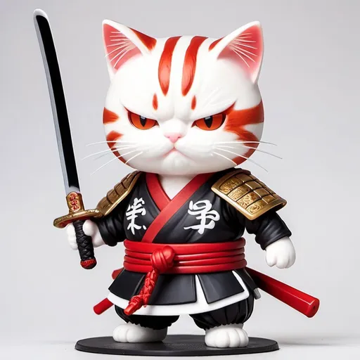 Prompt: A red and white cat wearing a black samurai outfit. Has a scar on face. Anime style, holding sword at the hilt hyper realistic
