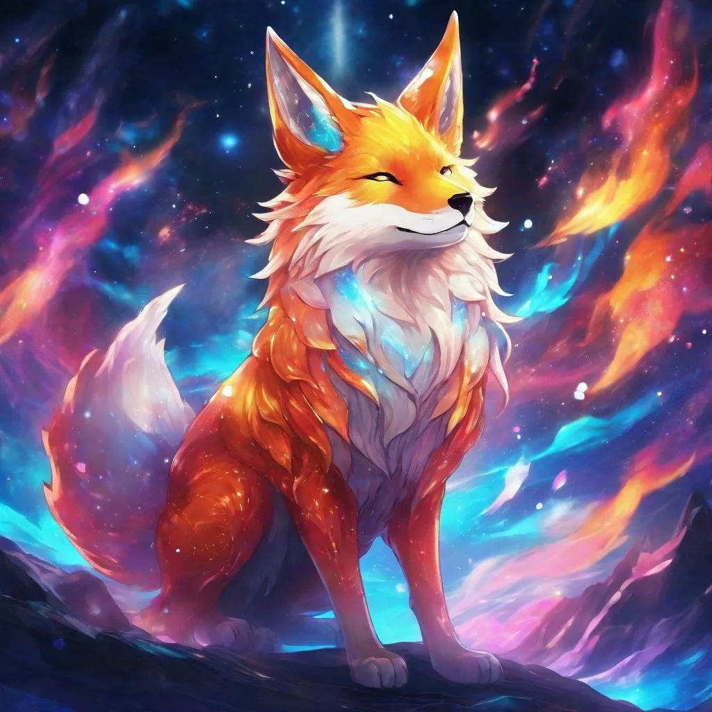 Prompt: Colorful translucent kyūbi no kitsune, glowing, nebula, glitter, den beneath the stars, bioluminescent, best quality, highres, concept art shattered ice fire in the ski